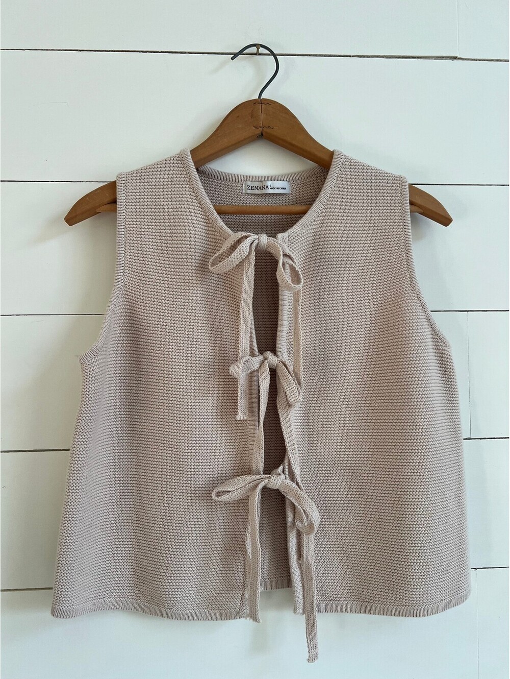Zenana Tie Front Sweater Vest Bow Knit Beige Size S Small Cotton Cottagecore